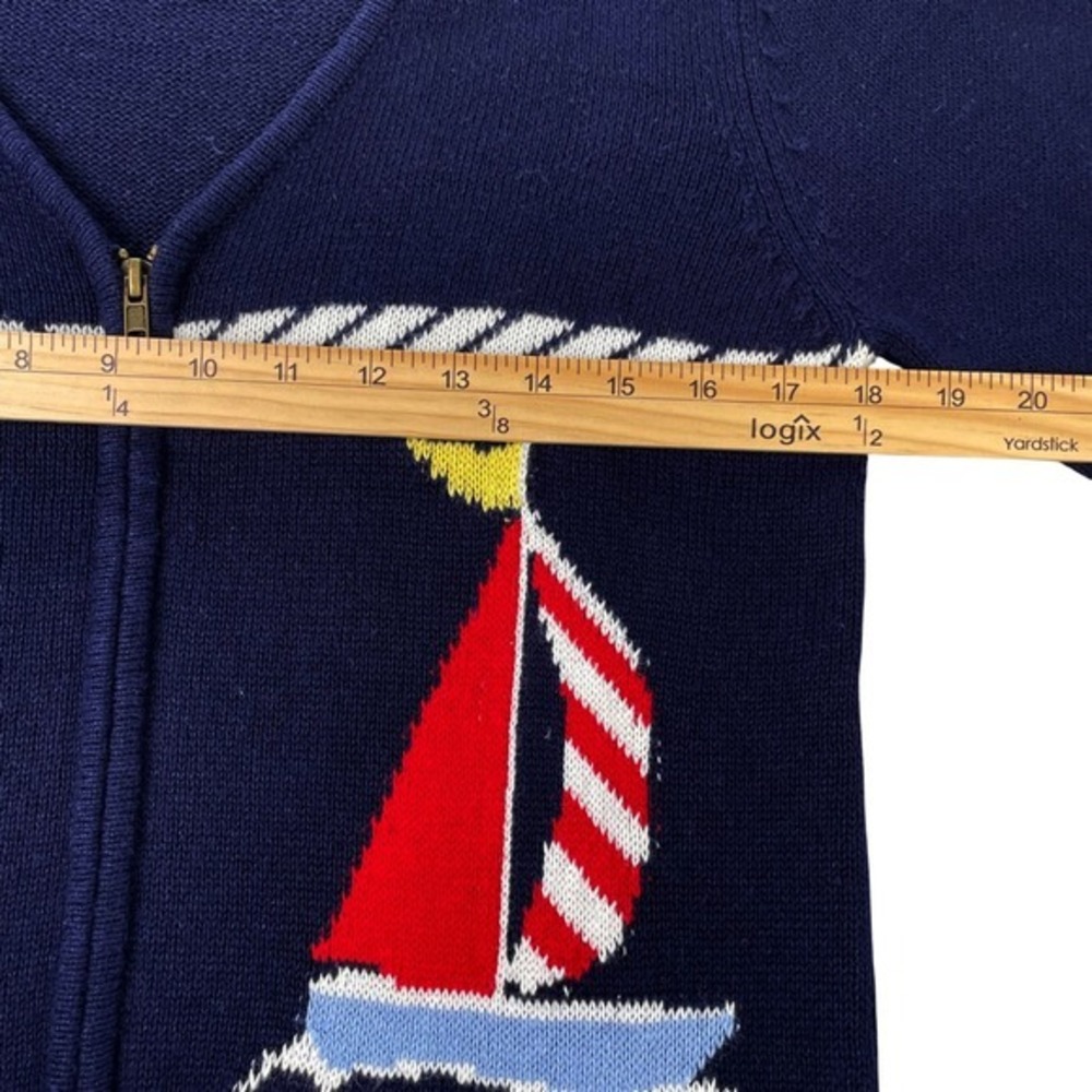 Crystal Kobe Vintage Sailboat Nautical Zip Up Cardigan Sweater Navy Blue Small - Picture 4 of 6